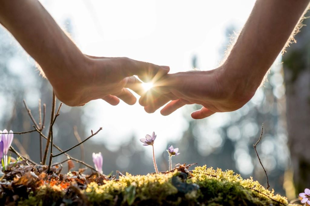 A person 's hands touching the ground with their fingers.