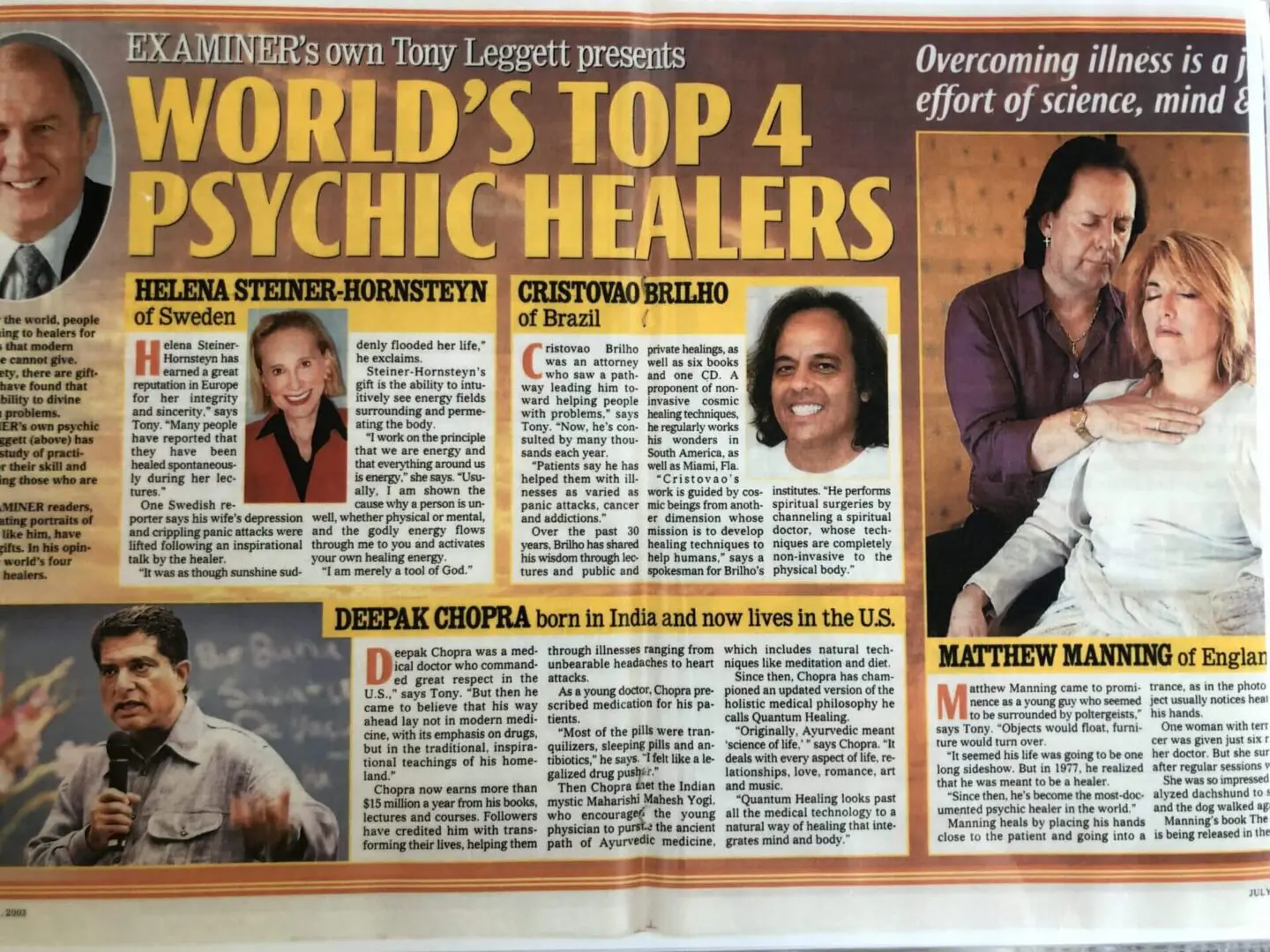 A newspaper article with the names of four psychic healers.